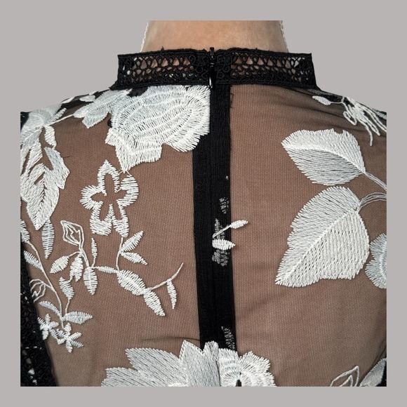 Gracia Black & White Floral Embroidered Long Sleeve Mesh Peplum Top L - Picture 9 of 16